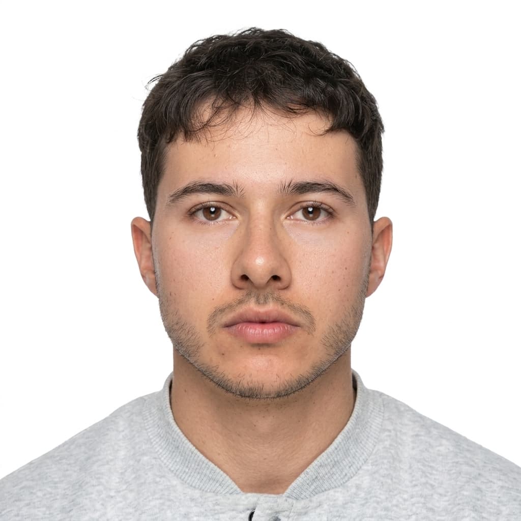 Government-compliant 2x2 inch passport photo with white background after AI processing